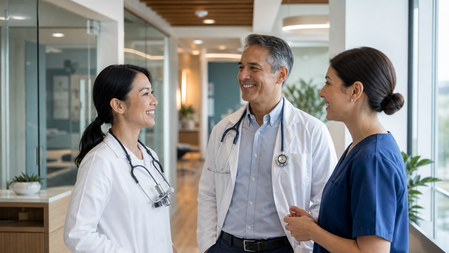Doctors and a dentist talking together in a bright clinic
