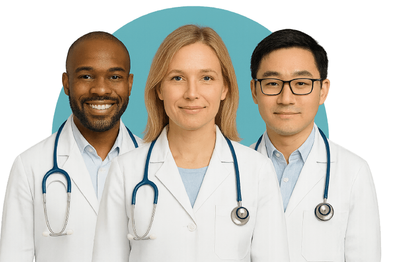 Three smiling doctors in white coats representing Doctastic providers